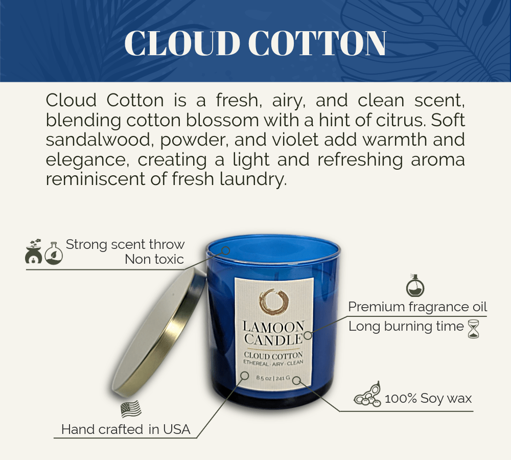 Cloud Cotton Premium Soy Candle (8.5oz) – Blue Glass Jar with Gold Lid - LaMoon Candle