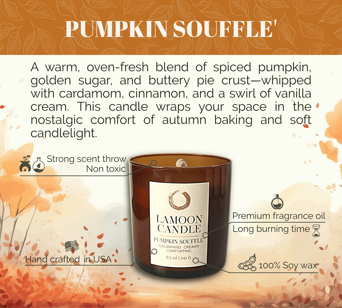 Pumpkin Soufflé 8.5 oz Soy Candle – Amber Glass Jar with Gold Twisted Lid - LaMoon Candle