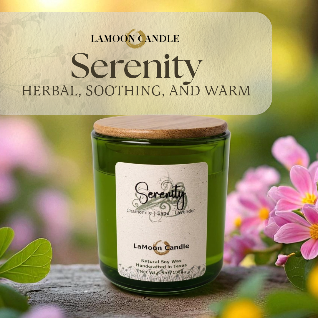 Serenity scent description card with fragrance notes text by LaMoon Candle