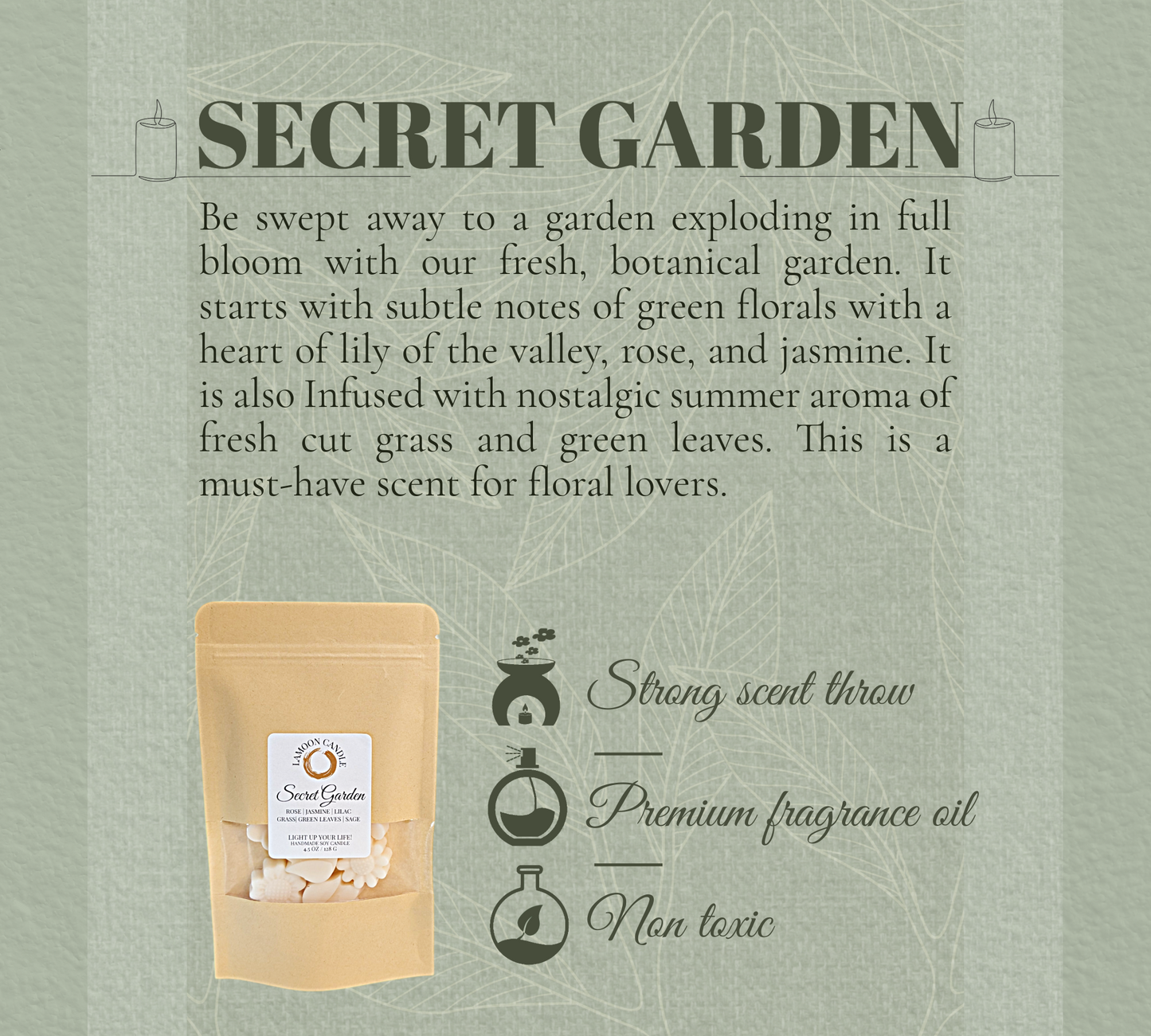 Product packaging with 'Secret Garden' fragrance description on a textured green background