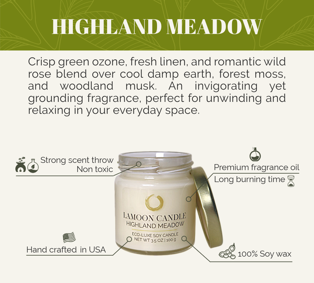 LaMoon Candle Highland Meadow 3.5 oz mini soy candle in a clear glass jar with a gold metallic twisted lid