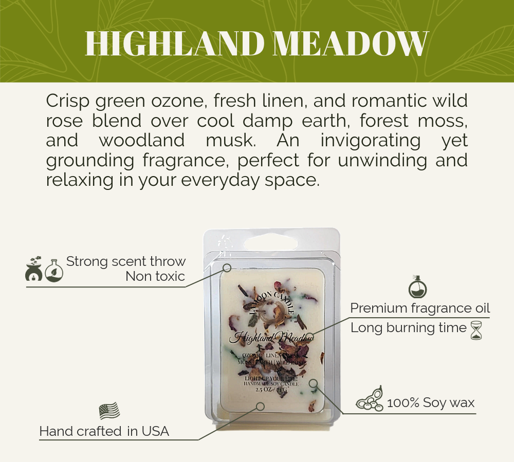 LaMoon Candle Highland Meadow 2.5oz soy wax melt clamshell with 6 breakable cubes