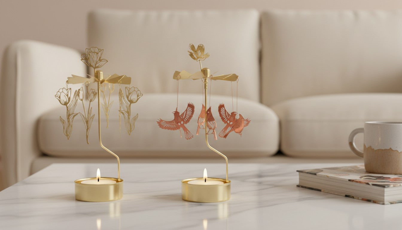 Angle Chime Rotary Candle holders with floral and bird designs on a marble surface.