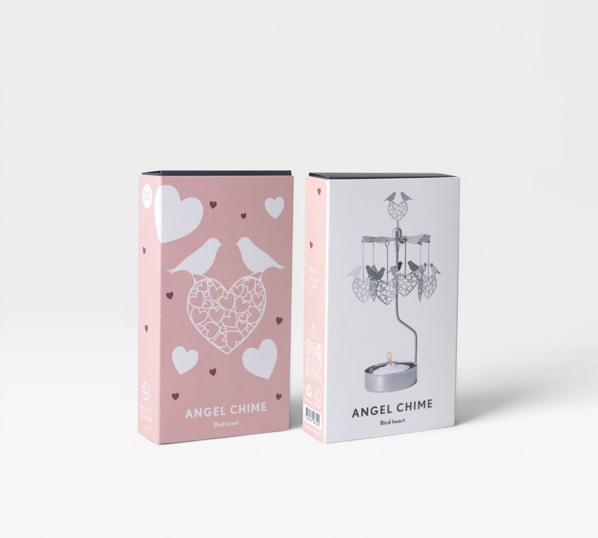 Two packaging boxes for angel chimes on a white background