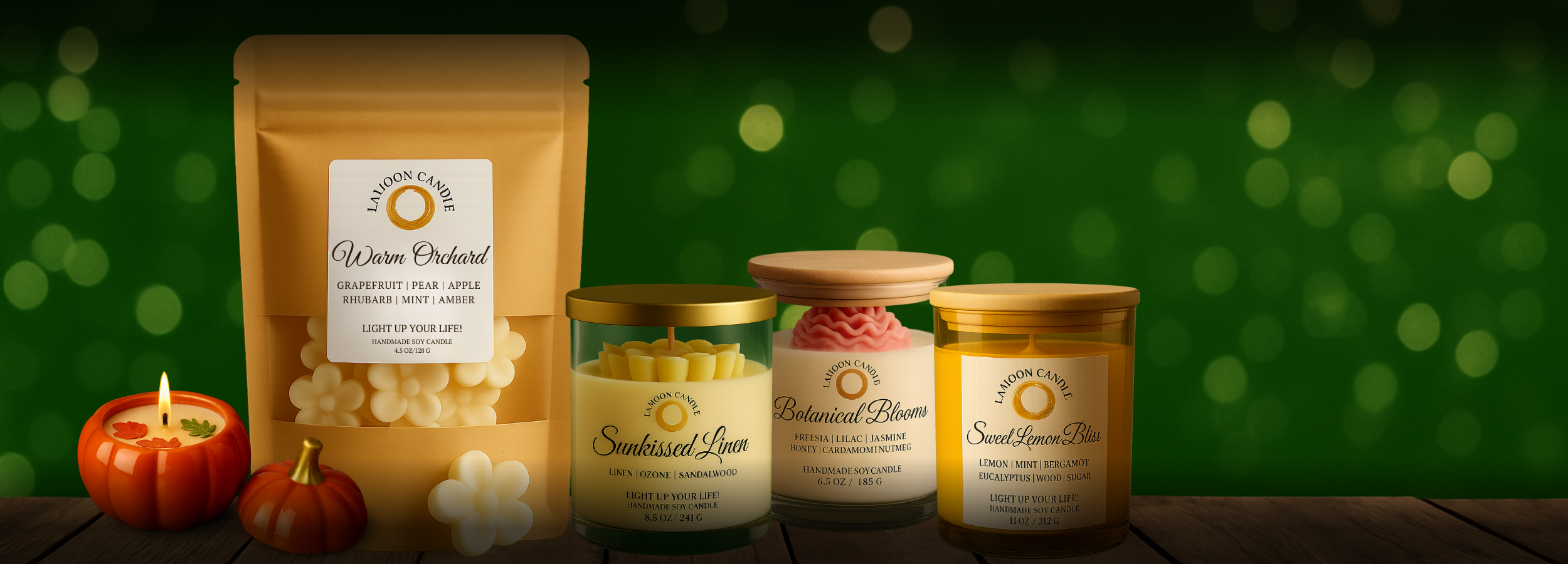 Assorted LaMoon Candle products including a Flower Wax Melt in pouch bag, candles containers and a candle in pumpkin jar on a wooden surface with a green bokeh background.