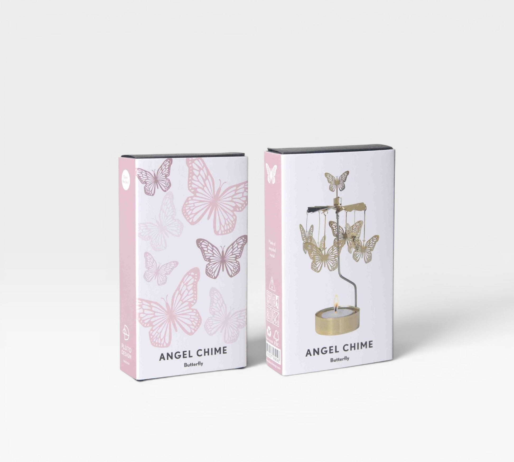 Two packaging boxes for an angel chime with butterfly design on a white background