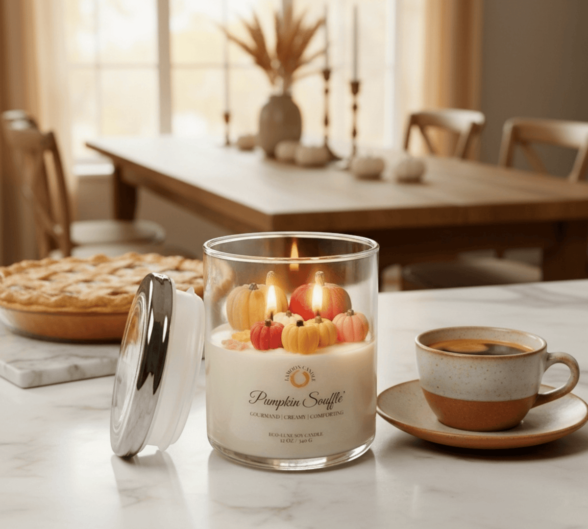 Pumpkin Soufflé 12 oz Soy Candle – Glass Jar with Pumpkin Wax Toppers - LaMoon Candle