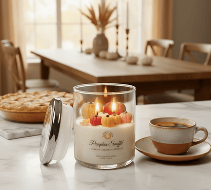 Pumpkin Soufflé 12 oz Soy Candle – Glass Jar with Pumpkin Wax Toppers - LaMoon Candle