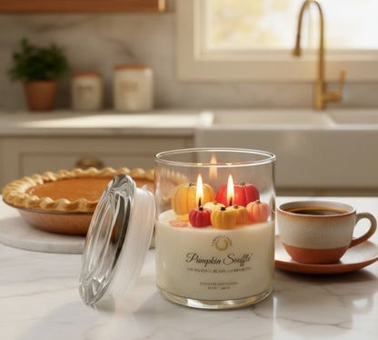 Pumpkin Soufflé 12 oz Soy Candle – Glass Jar with Pumpkin Wax Toppers - LaMoon Candle