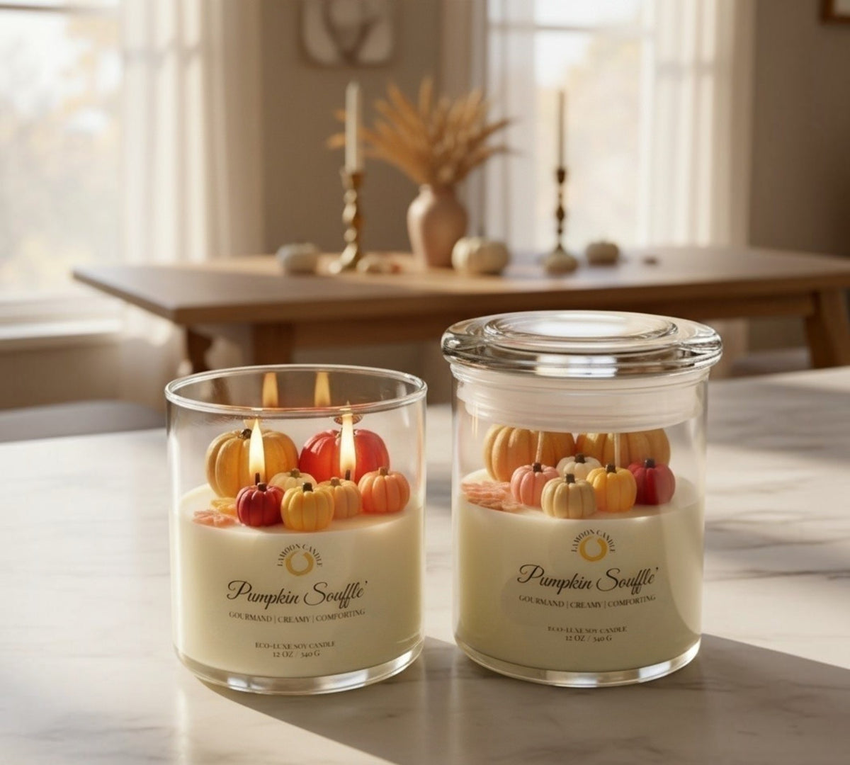 Pumpkin Soufflé 12 oz Soy Candle – Glass Jar with Pumpkin Wax Toppers - LaMoon Candle