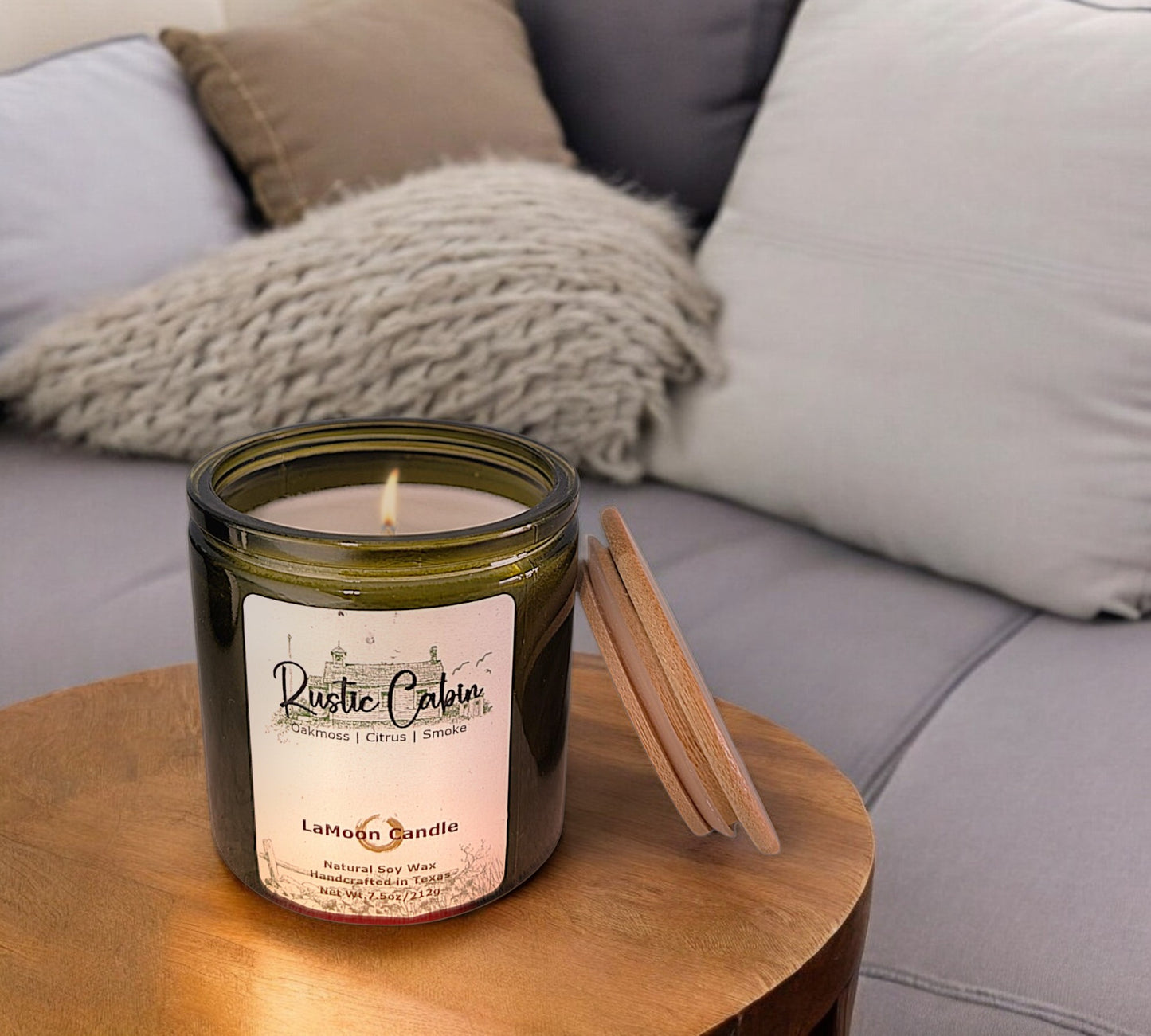 Natural soy wax candle in vintage green glass container and bamboo lid.