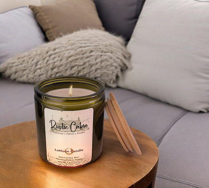Natural soy wax candle in vintage green glass container and bamboo lid.