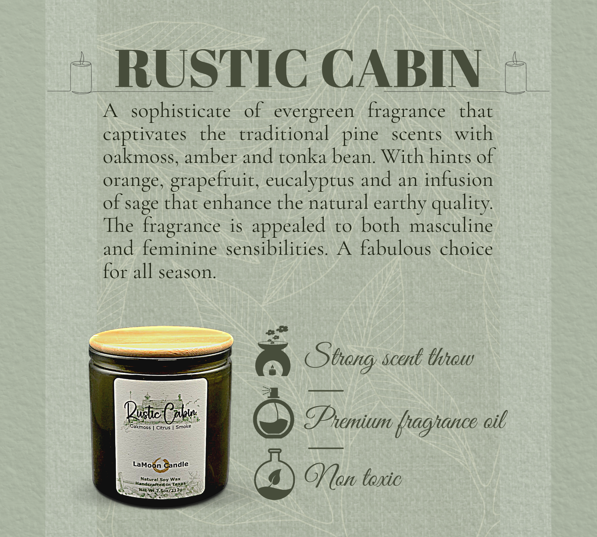 Natural soy wax candle in vintage green glass container and bamboo lid.