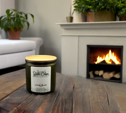 Natural soy wax candle in vintage green glass container and bamboo lid.