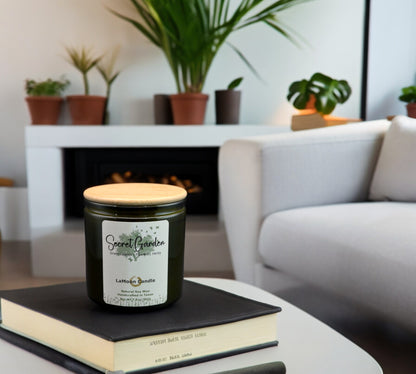 Natural soy wax candle in vintage green glass container and bamboo lid.