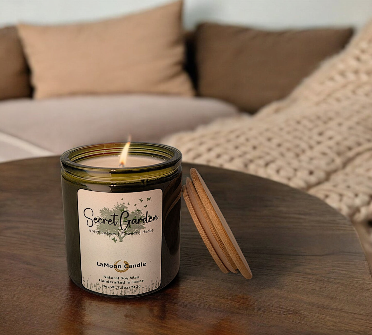 Natural soy wax candle in vintage green glass container and bamboo lid.
