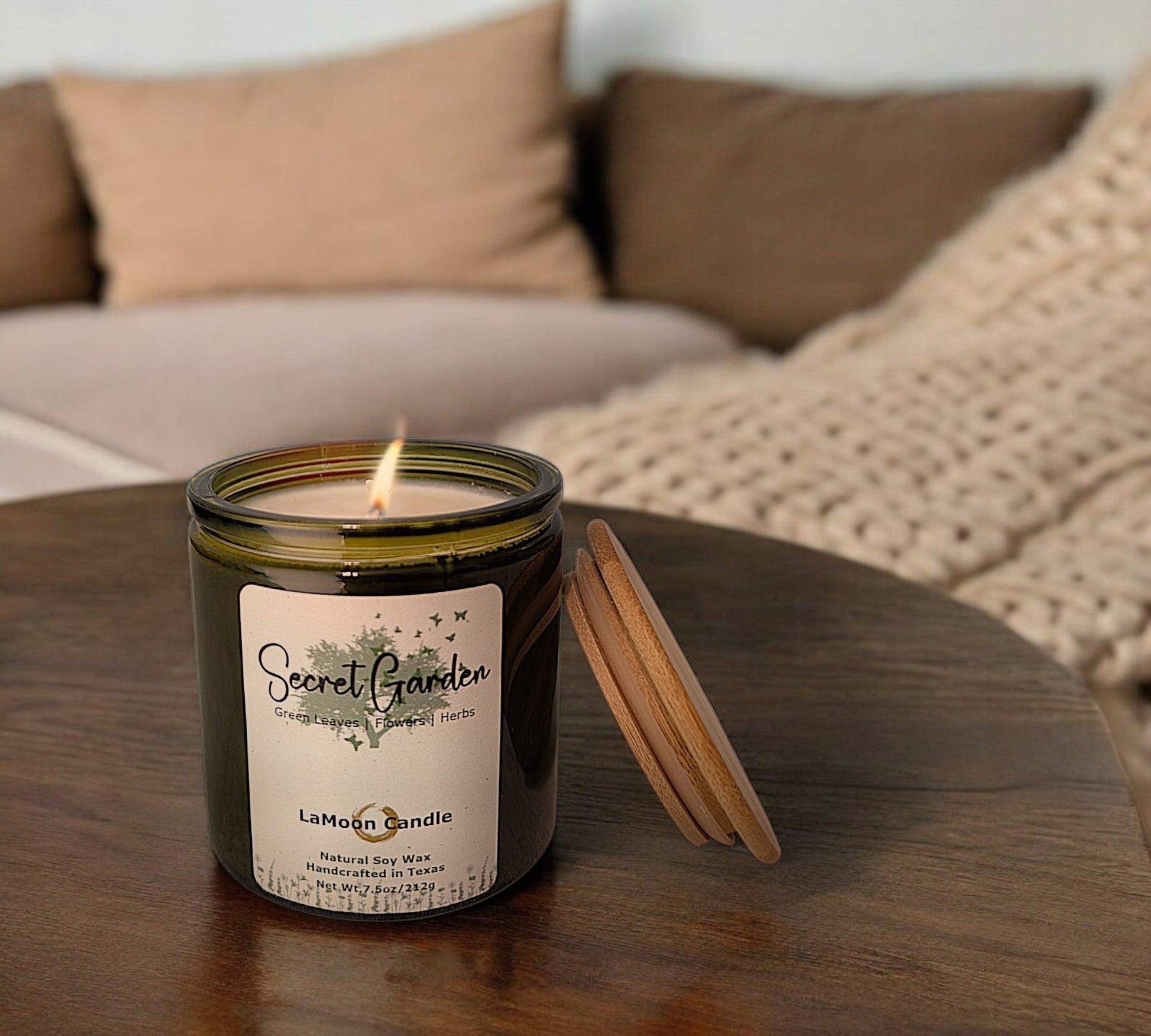 Natural soy wax candle in vintage green glass container and bamboo lid.