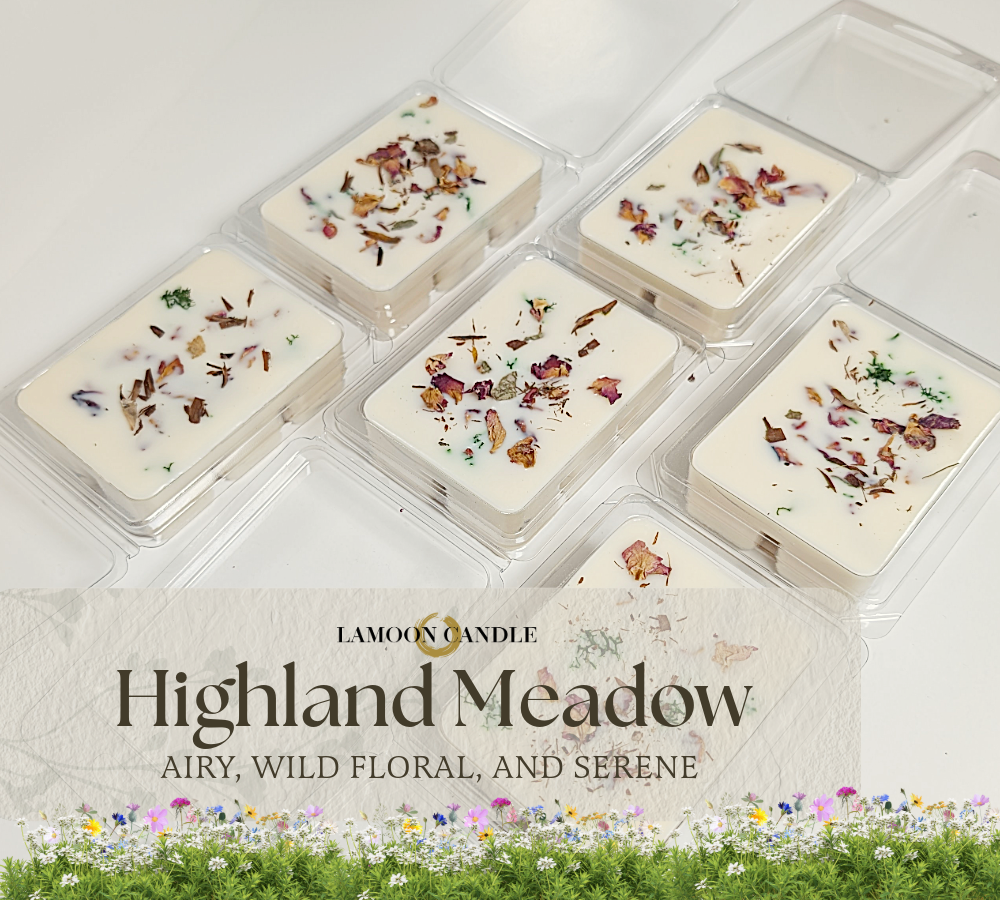LaMoon Candle Highland Meadow 2.5oz soy wax melt clamshell with 6 breakable cubes