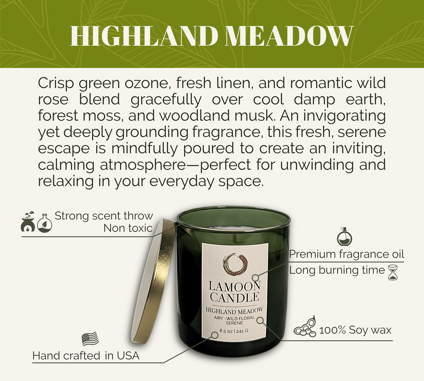 Highland Meadow - Soy Candle | Fresh Green Ozone, Wild Rose & Woodland Musk | Green Glass Jar with Gold Lid - LaMoon Candle