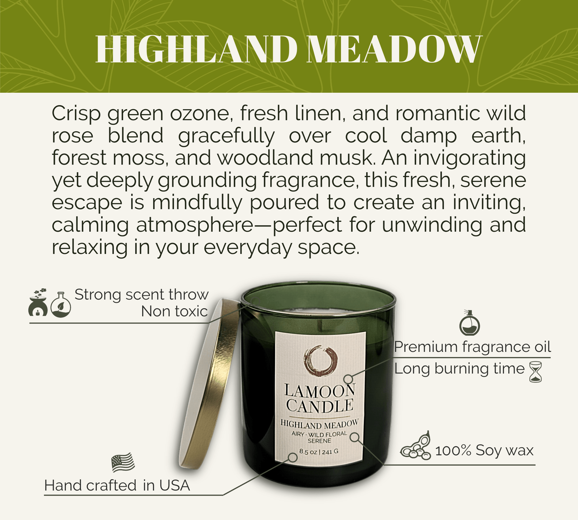 Highland Meadow - Soy Candle | Fresh Green Ozone, Wild Rose & Woodland Musk | Green Glass Jar with Gold Lid - LaMoon Candle