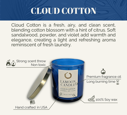 Cloud Cotton Premium Soy Candle (8.5oz) – Blue Glass Jar with Gold Lid - LaMoon Candle