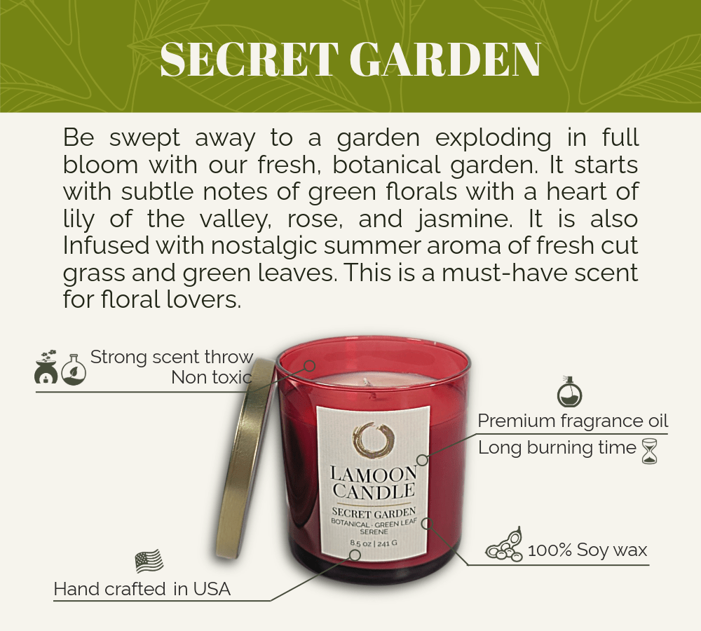 Secret Garden Premium Soy Candle (8.5oz) – Red Glass Jar with Gold Lid - LaMoon Candle