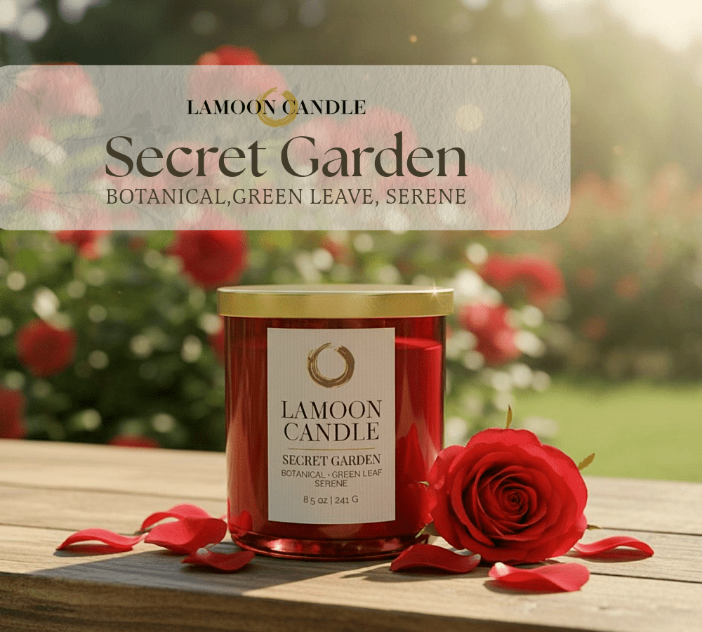 Secret Garden Premium Soy Candle (8.5oz) – Red Glass Jar with Gold Lid - LaMoon Candle