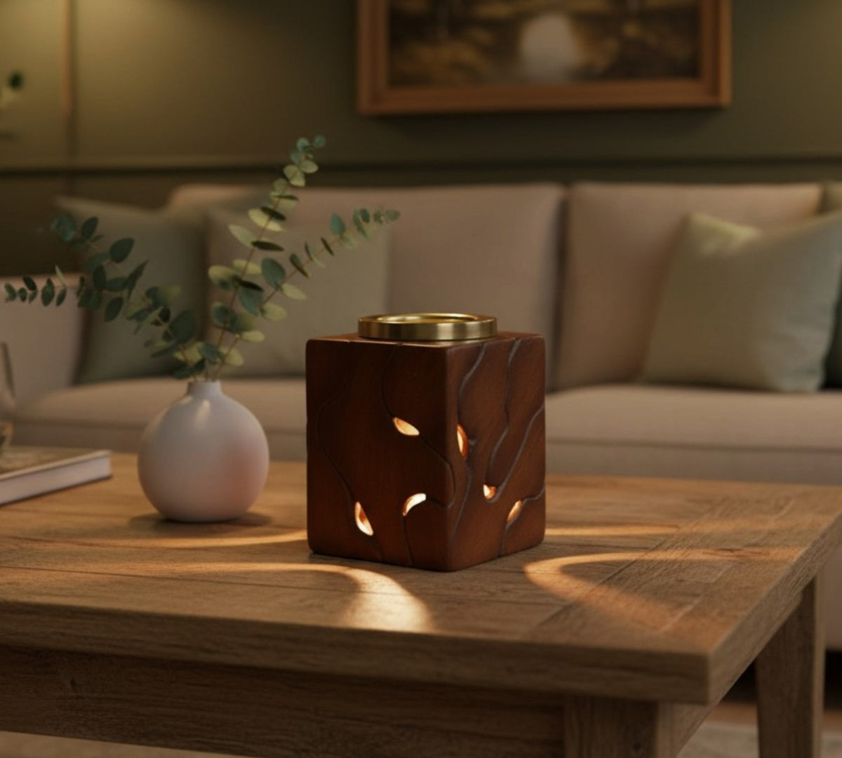 Modern Driftwood Electric Wax Warmer – Tabletop Ceramic Melter with Gold Metal Dish - LaMoon Candle