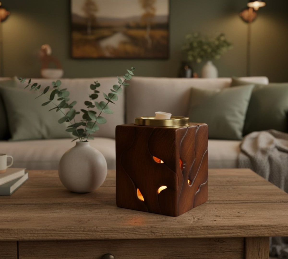 Modern Driftwood Electric Wax Warmer – Tabletop Ceramic Melter with Gold Metal Dish - LaMoon Candle