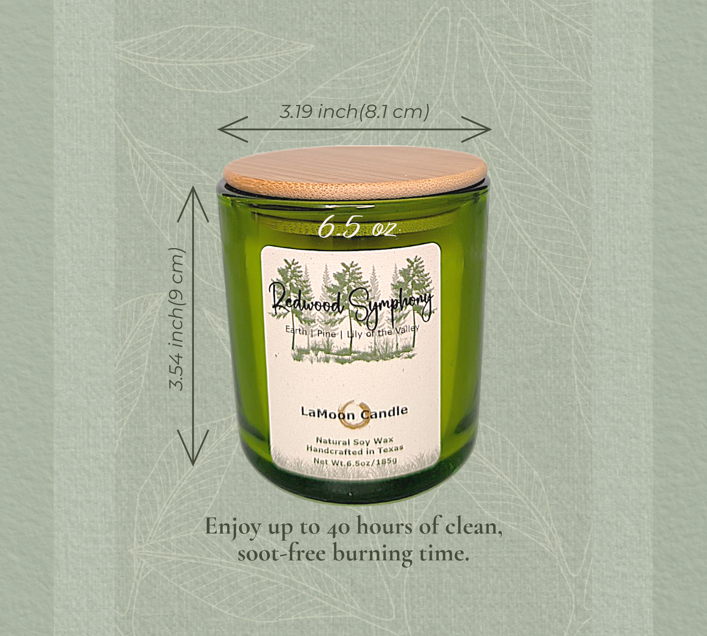 Natural soy wax candle in lime green container and bamboo lid.