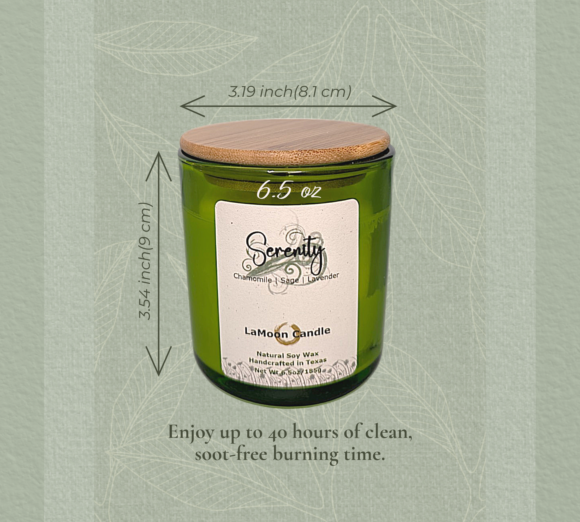 Natural soy wax candle in lime green container and bamboo lid.
