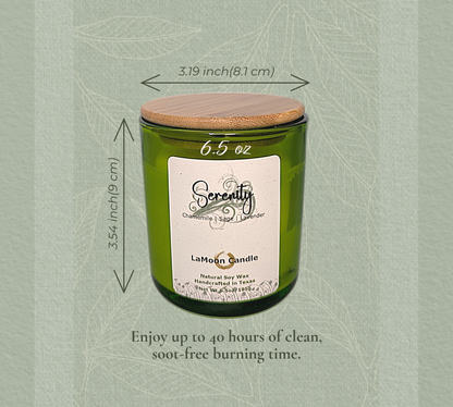 Natural soy wax candle in lime green container and bamboo lid.