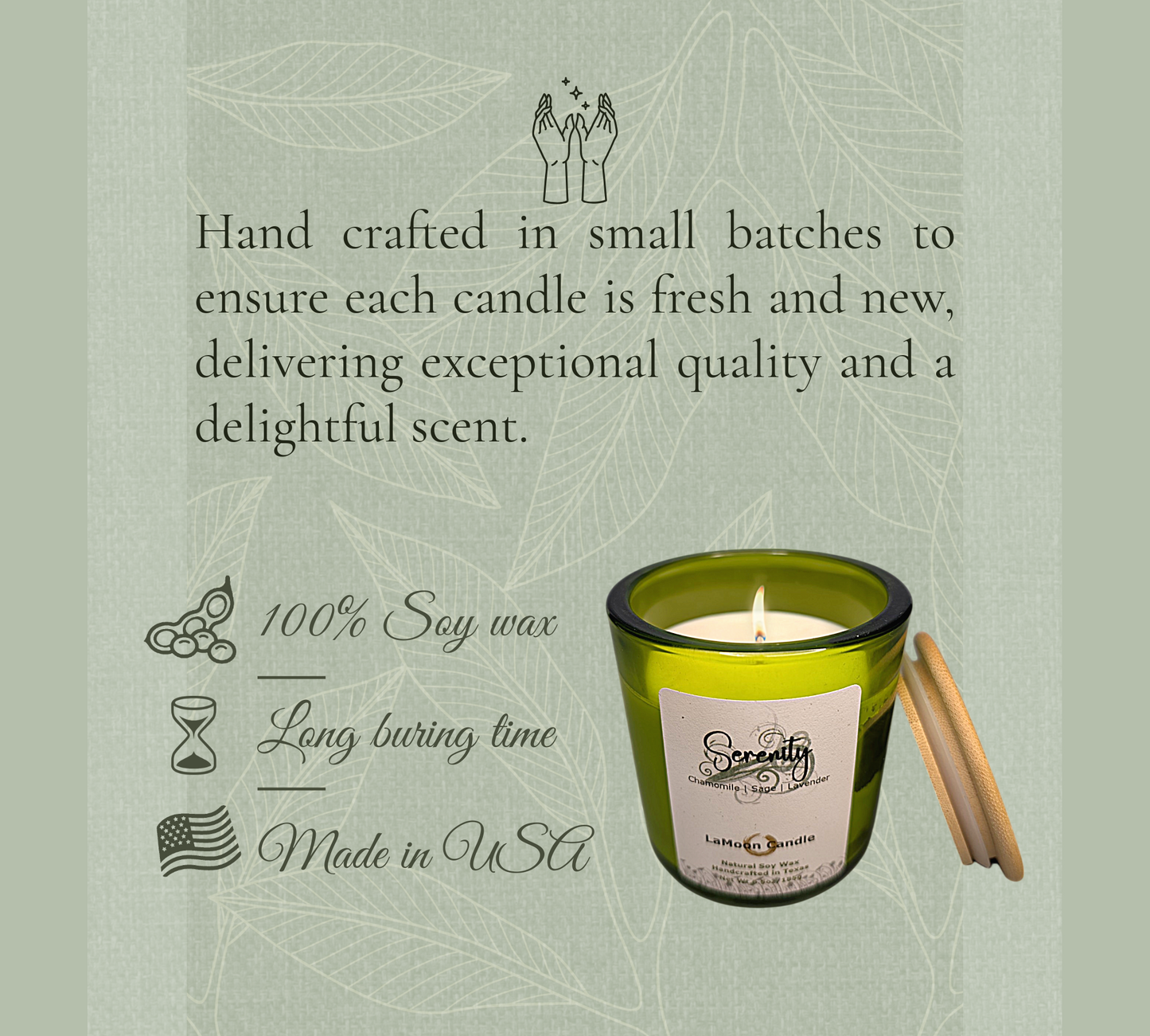 Natural soy wax candle in lime green container and bamboo lid.