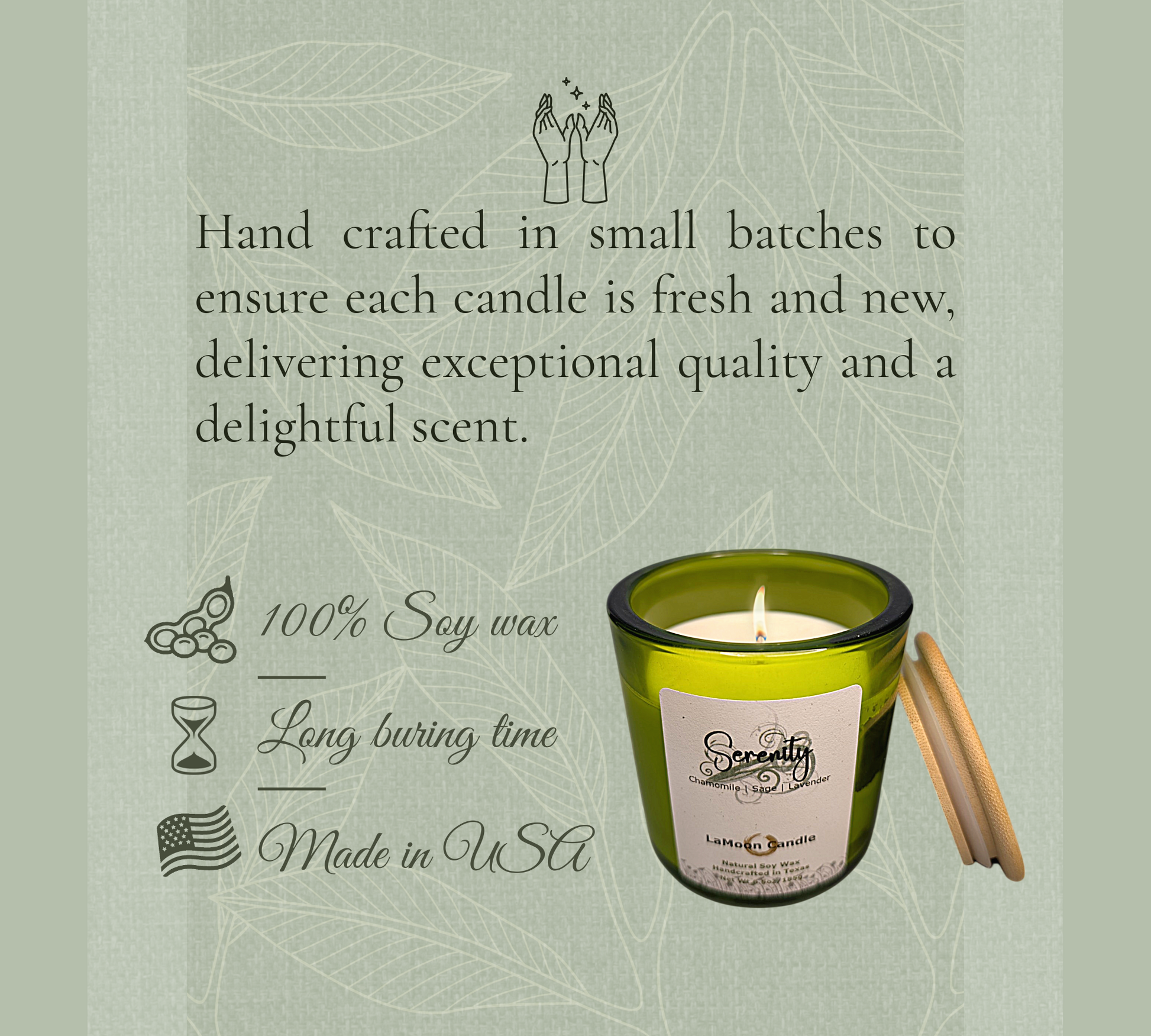 Natural soy wax candle in lime green container and bamboo lid.