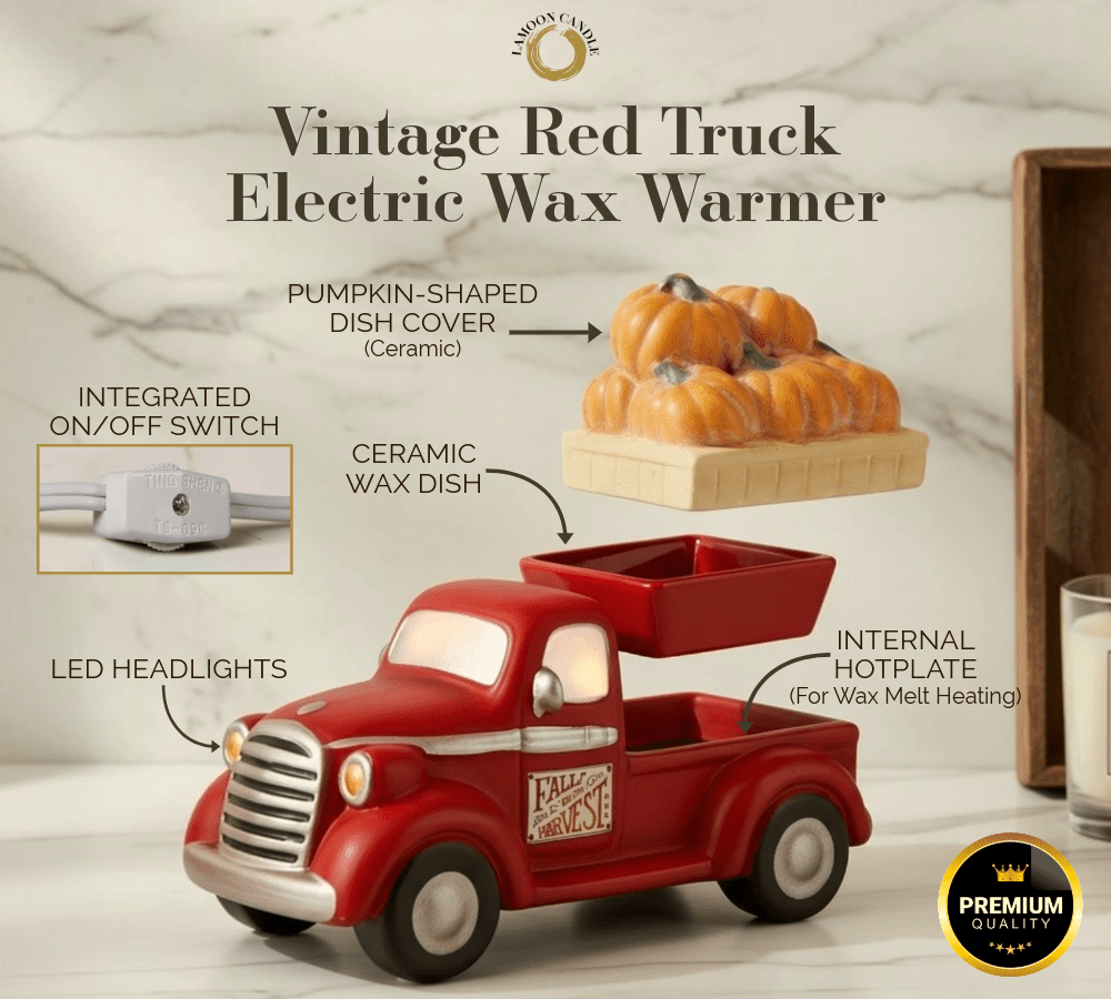 Vintage red electric wax warmer shaped like a pickup truck, shown with callout labels explaining features such as the pumpkin-shaped ceramic dish cover, integrated on/off switch, LED headlights, ceramic wax dish, and internal hotplate. The product is photographed on a light marble-style background with a partial candle at right.
