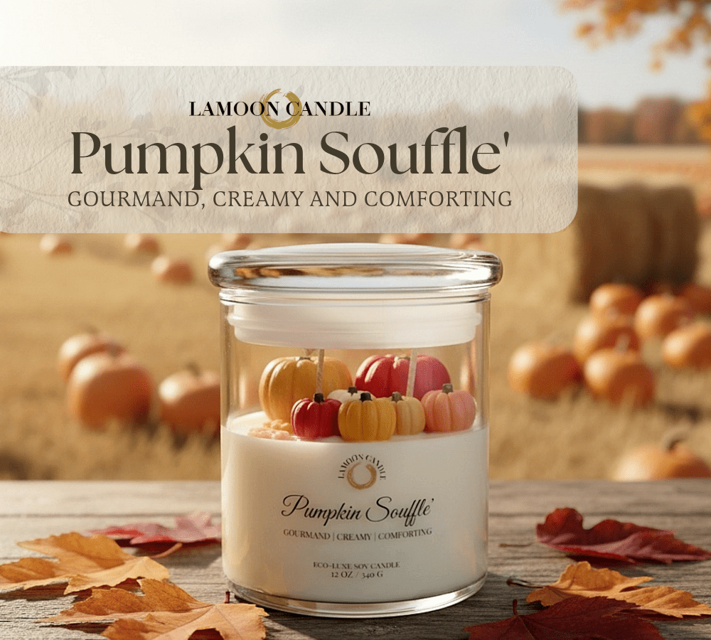 Pumpkin Soufflé 12 oz Soy Candle – Glass Jar with Pumpkin Wax Toppers - LaMoon Candle
