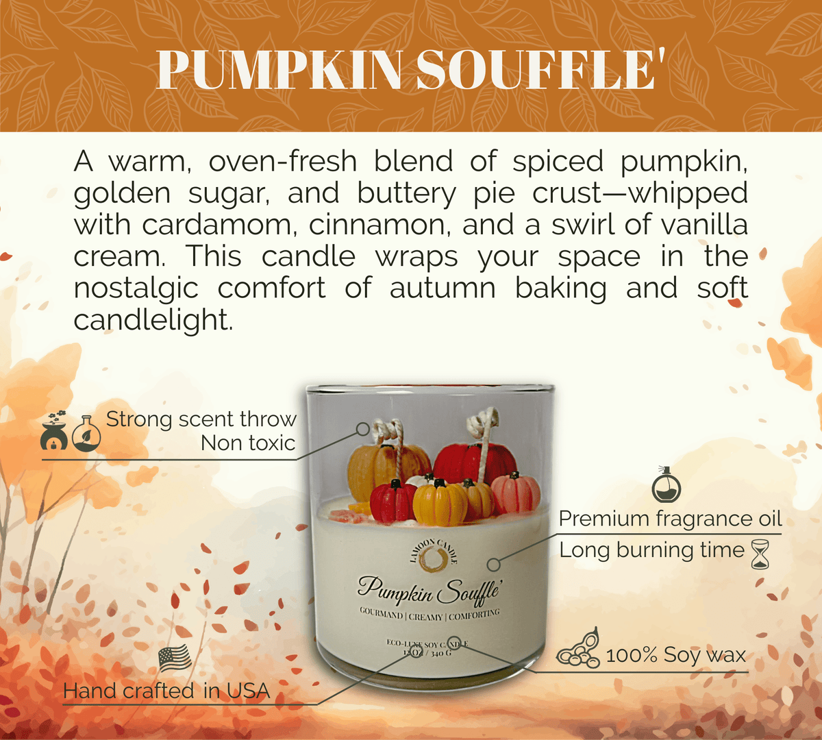 Pumpkin Soufflé 12 oz Soy Candle – Glass Jar with Pumpkin Wax Toppers - LaMoon Candle