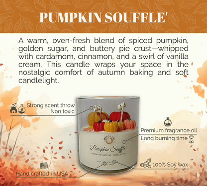 Pumpkin Soufflé 12 oz Soy Candle – Glass Jar with Pumpkin Wax Toppers - LaMoon Candle