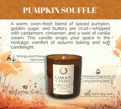 Pumpkin Soufflé 8.5 oz Soy Candle – Amber Glass Jar with Gold Twisted Lid - LaMoon Candle
