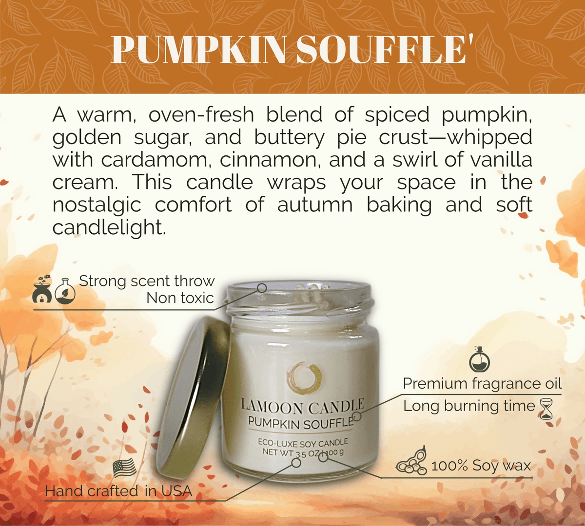 Pumpkin Soufflé 3.5 oz Soy Candle – Clear Glass Jar with Gold Twisted Lid - LaMoon Candle