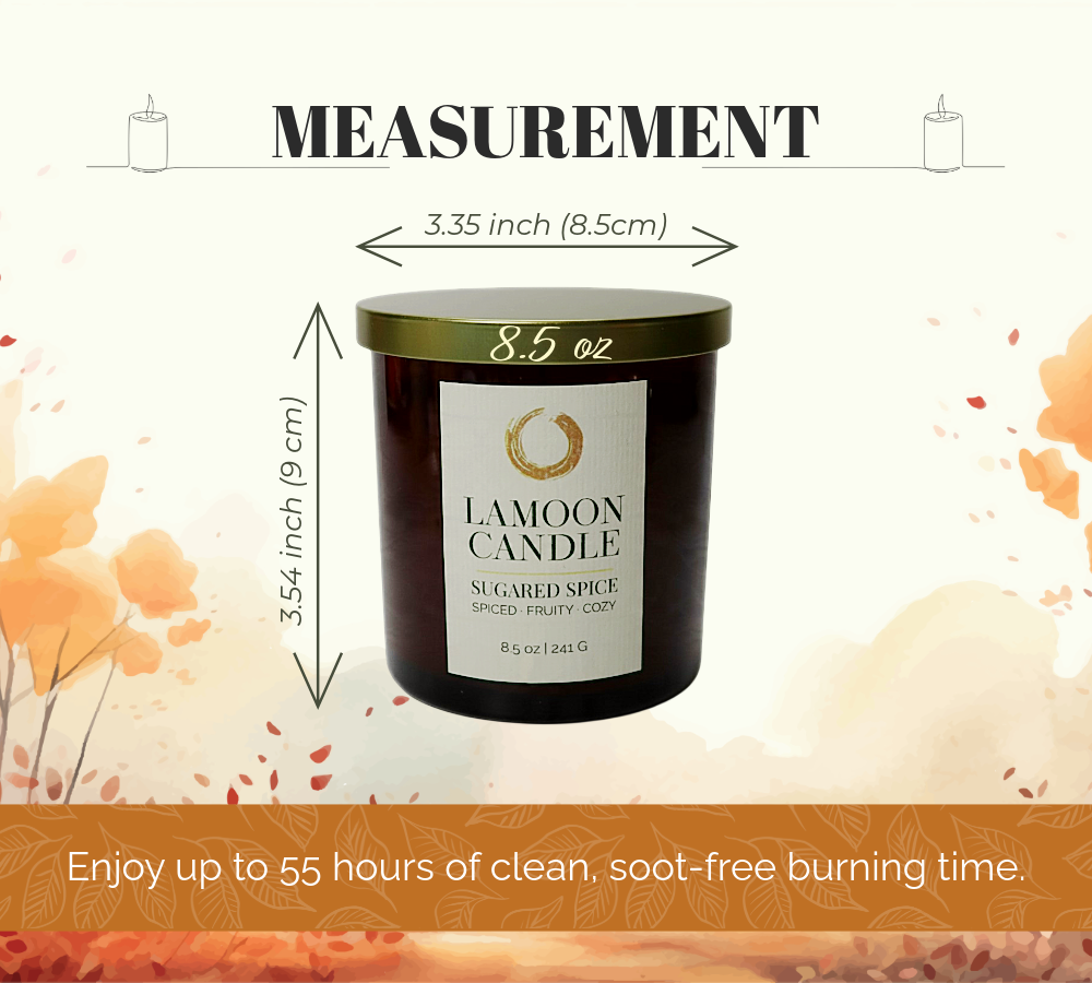 A candle product photo with overlaid measurement arrows and text showing the jar height as 3.54 inches (9 cm) and width as 3.35 inches (8.5cm).