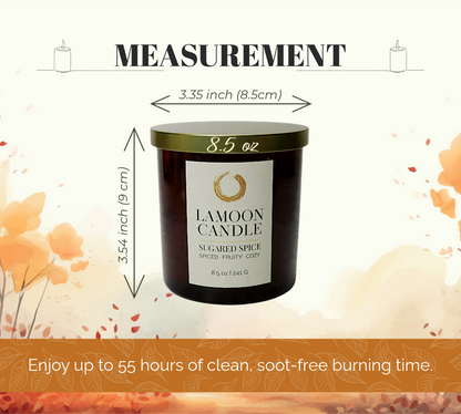 A candle product photo with overlaid measurement arrows and text showing the jar height as 3.54 inches (9 cm) and width as 3.35 inches (8.5cm).