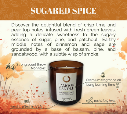 LaMoon Candle 'Sugared Spice' soy wax candle in an amber glass jar, presented on a warm autumn-themed graphic background with descriptive text and scent notes.