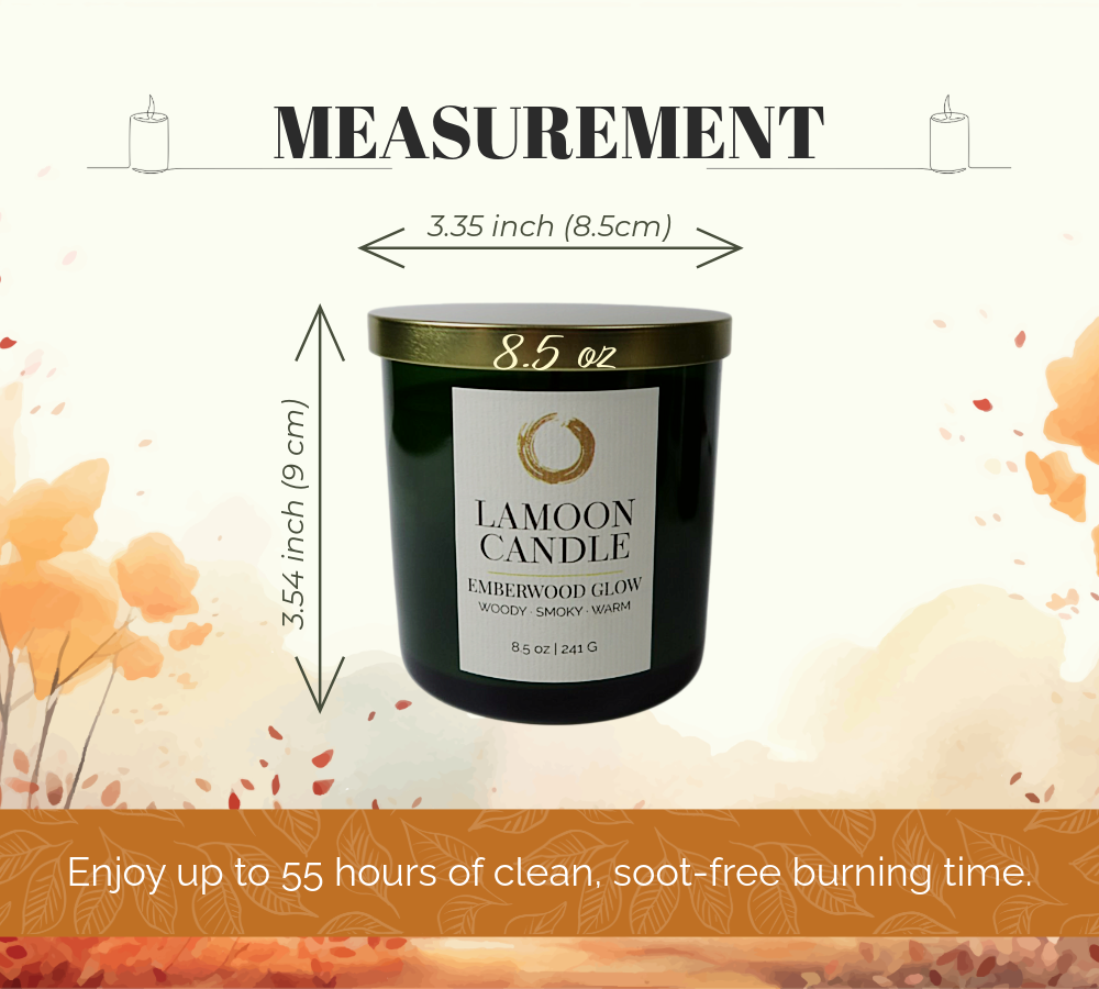 A candle product shown with measurement annotations: a dark green glass jar candle labeled LaMoon Candle Emberwood Glow, with arrows indicating 3.35 inch width and 3.54 inch hight.