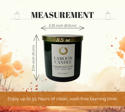 A candle product shown with measurement annotations: a dark green glass jar candle labeled LaMoon Candle Emberwood Glow, with arrows indicating 3.35 inch width and 3.54 inch hight.