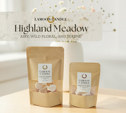 LaMoon Candle Highland Meadow flower-shaped soy wax melts in an eco-friendly brown kraft pouch