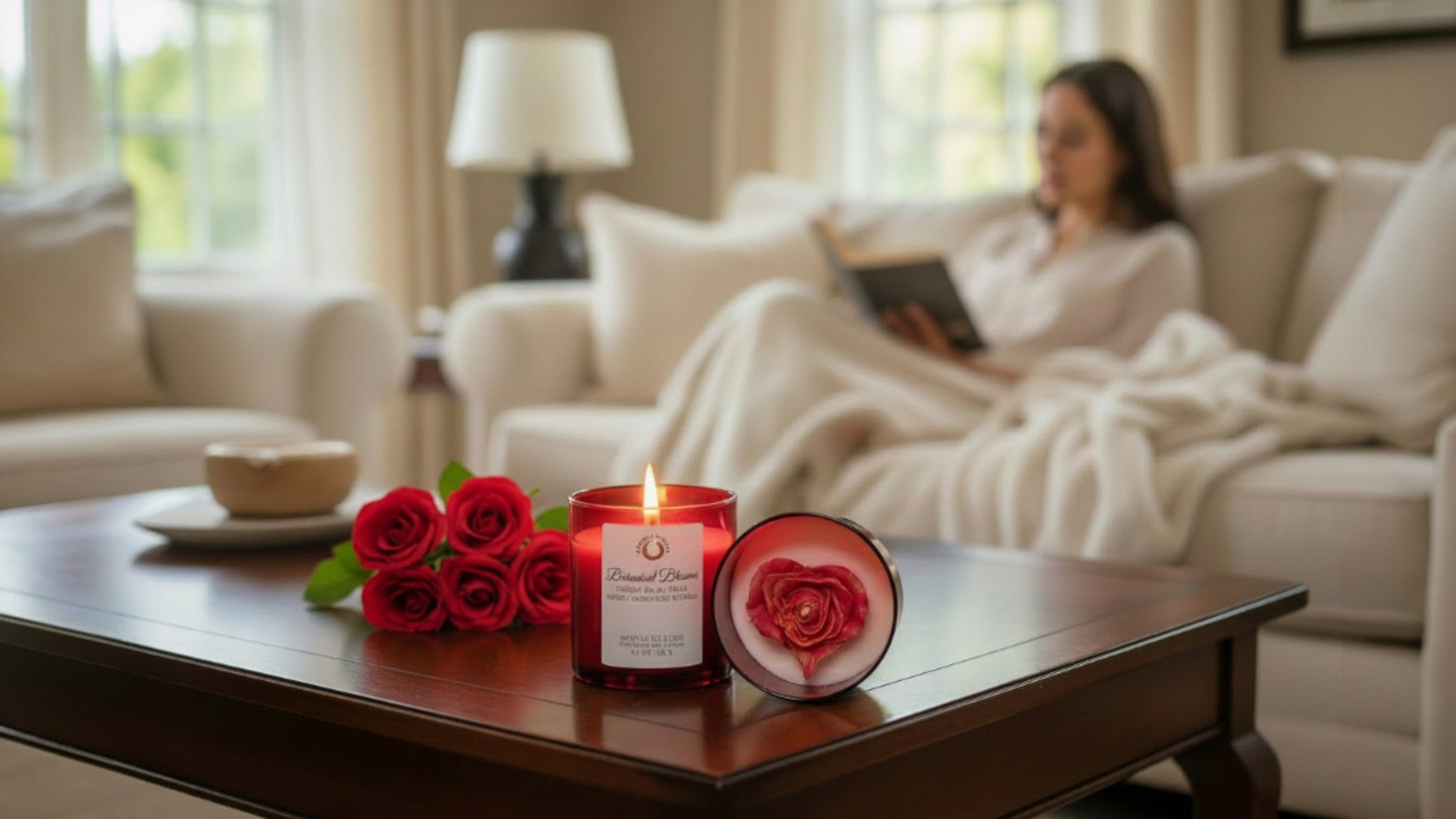 Candle and rose on a coffee table with a woman reading a book in the background