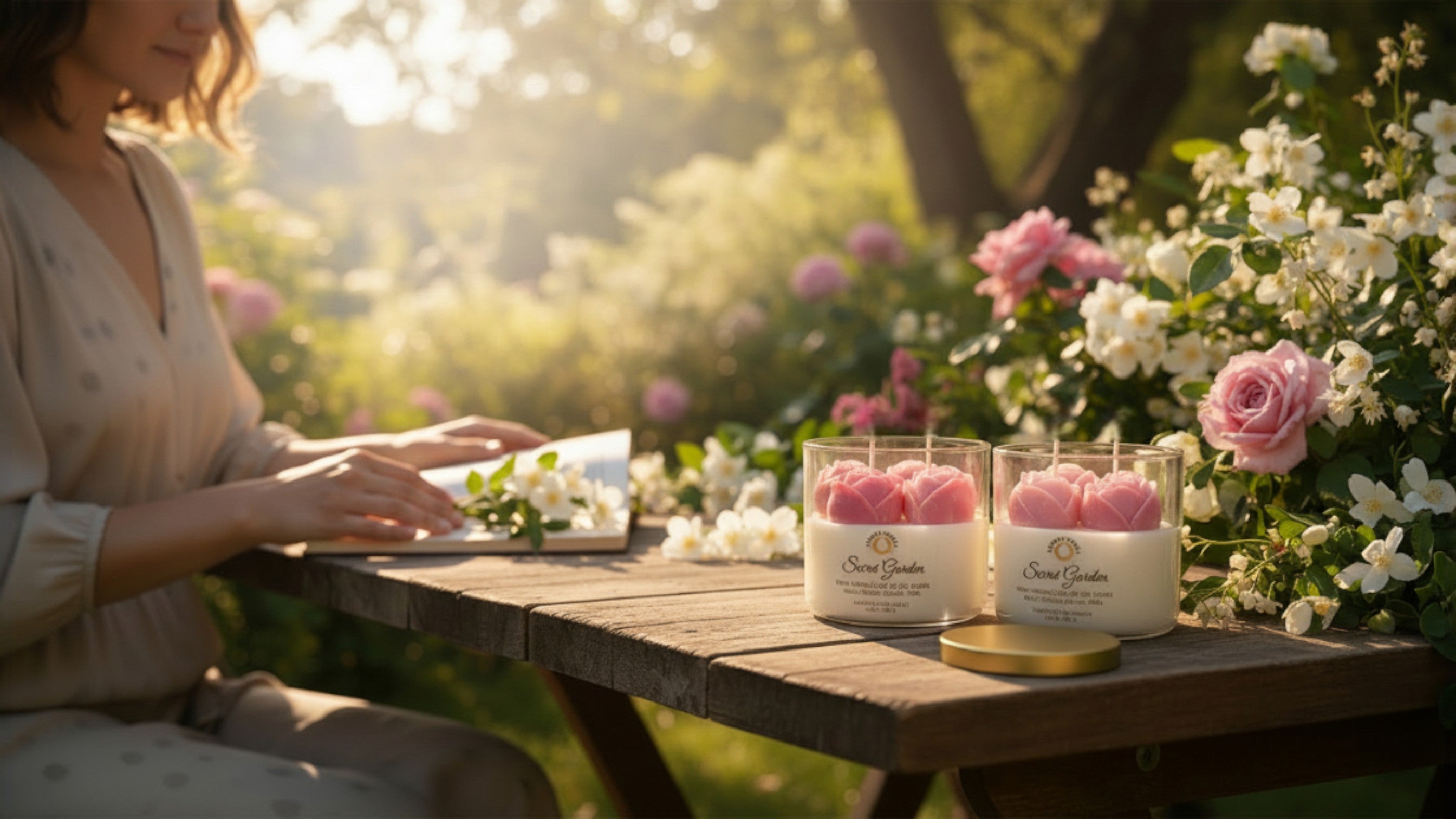 Two large candle jar with pink-roses wax on top in the flower garden with a woman.