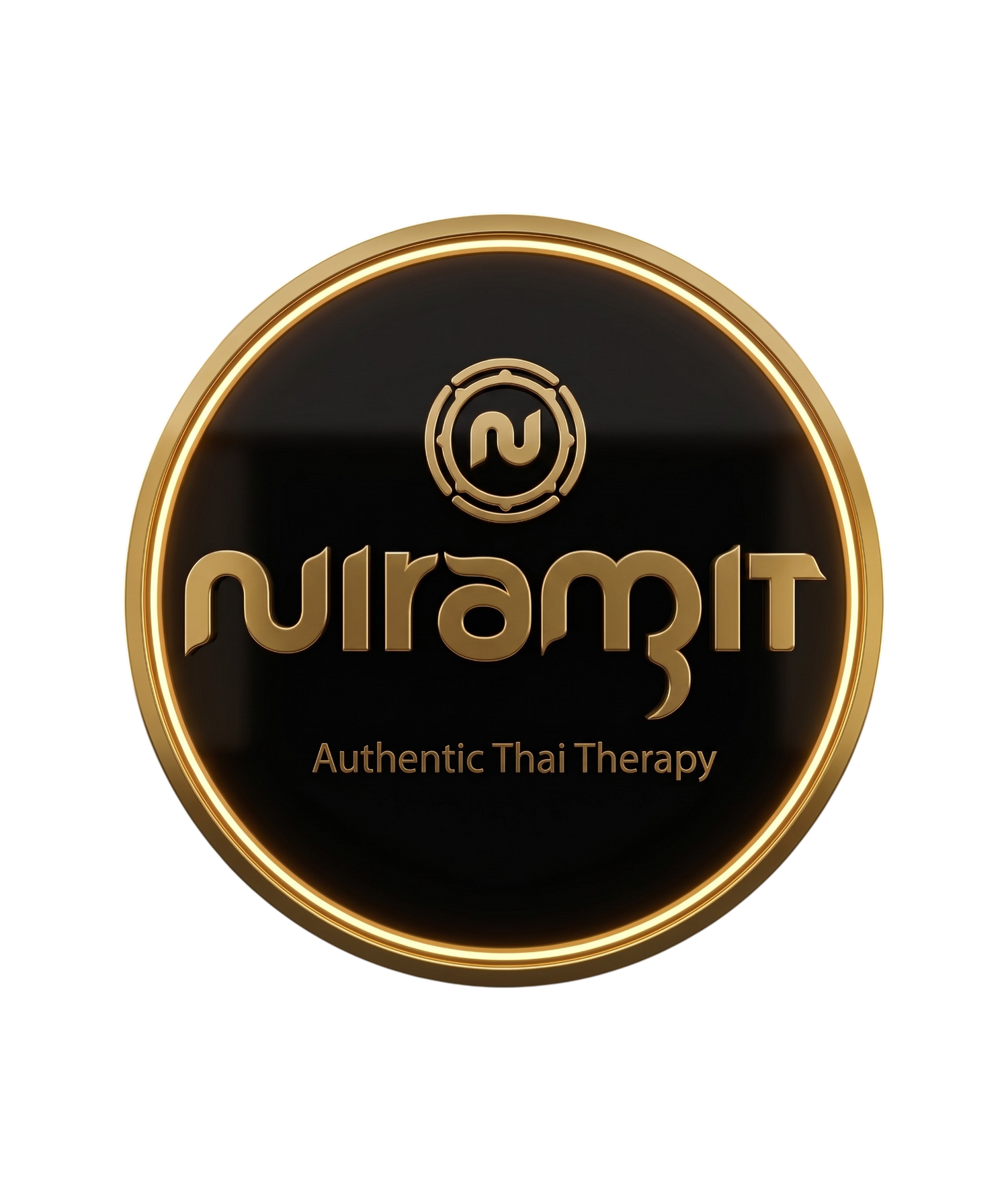 Round black and gold logo with 'Niramit Authentic Thai Therapy' branding.