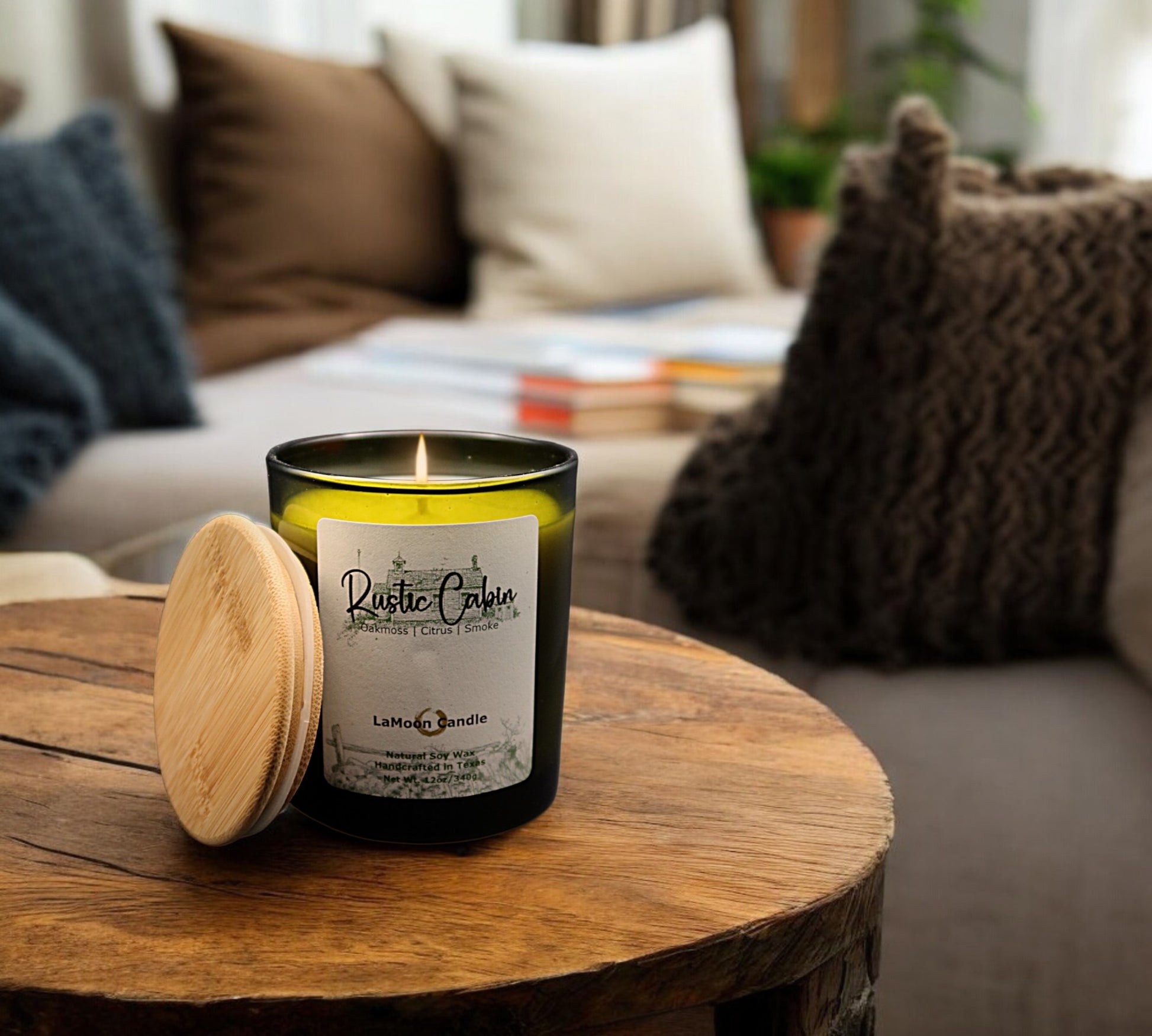 Natural soy wax candle in vintage green glass container and bamboo lid.